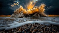 Dramatic ocean wave crashing on rocky beach at sunset with golden light breaking through stormy clouds, powerful seascape for nature and travel content.