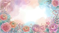 Watercolor floral frame with roses, peonies, and hearts on white background. Pastel pink, purple, and turquoise blooms with decorative foliage border. Isolated design element suitable for invitations, greeting cards, and digital projects.