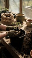 Hands in gardening gloves carefully planting young tomato seedling in pot on rustic wooden table in greenhouse with warm natural sunlight streaming through windows.