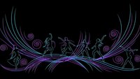 Neon purple glowing stick figures dancing on flowing energy waves with spiral elements against black background for party and music designs.