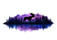 Majestic moose silhouette against purple and blue watercolor mountain landscape with pine forest reflection in calm lake water, creating mystical wilderness scene.
