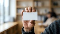 Mature man with weathered hands holding blank white business card in modern office environment with blurred background, suitable for corporate branding and professional networking concepts.