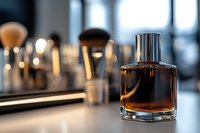 Elegant glass perfume bottle with amber liquid on blurred luxury cosmetic background, makeup brushes and beauty accessories create atmospheric mood.