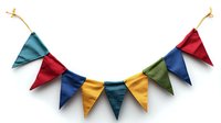 Colorful fabric bunting with triangular flags in red, blue, yellow, and green on white background, party decoration element for festive celebrations and events.