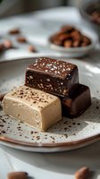 Gourmet chocolate and caramel fudge squares stacked on white plate with sea salt garnish and almonds in background for dessert menu photography.