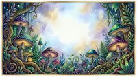 Enchanted forest floor with whimsical mushrooms, glowing orbs, and magical woodland plants in watercolor style. Fantasy illustration for children's books, wall art, and creative design projects.
