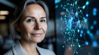 Mature Caucasian businesswoman smiling next to digital network visualization in blue. Professional female executive with confident expression near technology interface.