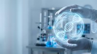 Scientist in laboratory holding glowing DNA helix hologram, representing genetic research, biotechnology innovation, and molecular science advancement in modern medical facility.