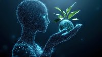Glowing digital silhouette holds sprouting plant in palm against dark background, representing environmental technology and sustainable future concept.