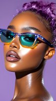 Young African American woman with purple hair wearing gradient blue and yellow sunglasses against purple background, showcasing glossy makeup and glowing skin for beauty and fashion.