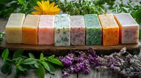 Colorful handmade soap bars with herbs and flowers on wooden surface. Natural organic skincare products arranged in row with fresh botanical decorations.