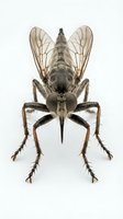 Robber fly specimen isolated on white background, displaying transparent wings, segmented body, and detailed leg structure. Suitable for entomology education, scientific illustration, and nature design projects.