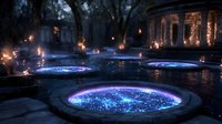 Mystical glowing pools with magical blue light effects in ancient stone garden at night, illuminated by burning torches creating mysterious atmosphere.