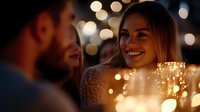 Young couple sharing romantic moment with glowing candlelight and bokeh lights creating magical atmosphere during evening celebration or date night.