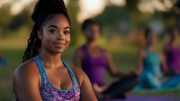 Young woman of African descent with braided hairstyle wearing athletic tank top at outdoor fitness class in park with group exercising on mats during sunset.