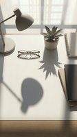 Minimalist workspace with desk lamp, glasses, succulent plant, and notebooks casting dramatic shadows in soft natural light.