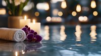 Tranquil spa setting with purple orchids and white rolled towel by pool water, glowing candles creating romantic ambiance with bokeh light reflections.