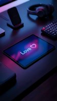 Tablet on dark desk displaying glowing neon love heart, surrounded by headphones and keyboard in moody purple blue light.