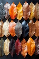 Colorful autumn leaves arranged in rows on dark background, showcasing seasonal gradient from green to orange, yellow, red, and brown.