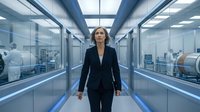 Confident female professional in dark business suit walking through modern glass corridor with contemporary office spaces, representing corporate leadership and workplace success.
