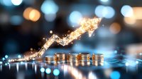 Glowing golden arrow rises above stacked coins against blurred bokeh background, representing financial growth and investment success in business markets.