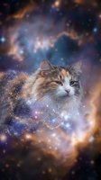 Fluffy tabby cat floating in cosmic nebula with sparkling stars and colorful galaxy clouds creating magical space fantasy scene for creative projects.