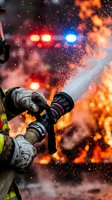 Firefighter spraying water on intense blaze with emergency vehicle lights and dramatic flames in background during nighttime rescue operation.