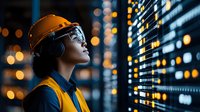 Female engineer in protective helmet and headphones analyzing digital display panel with glowing indicators against blurred city lights background at night.