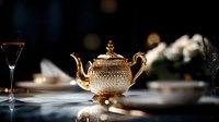 Elegant golden teapot with ornate pattern on dark table setting with soft bokeh lights and wine glass, creating luxurious dining atmosphere.