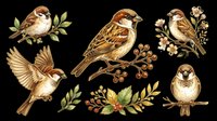 Vintage brown sparrow and finch birds with botanical branches, berries, and leaves isolated on transparent background. Ready for t-shirt design, clipart, stickers, sublimation, print-on-demand products and digital crafts.