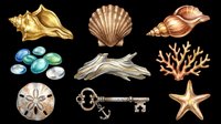 Seashells, starfish, and ocean treasures isolated on transparent background. Ready for clipart, t-shirt design, stickers, print-on-demand, and sublimation projects.