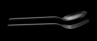 Black modern flatware set featuring a sleek spoon and fork with elongated handles, isolated on transparent background. Ready for restaurant branding, kitchenware design, print-on-demand products, and culinary graphics.