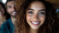 Young mixed race woman with curly hair and bright blue eyes wearing straw hat, showing genuine happy smile. Blurred people in background. Lifestyle portrait.