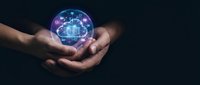 Hands holding glowing digital brain with neural network connections representing artificial intelligence and machine learning technology concepts.