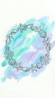 Watercolor ocean wreath with hand-drawn seahorses, starfish, and seashells arranged in circular frame on turquoise and lavender gradient background. Isolated design element.