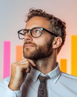 Thoughtful Caucasian businessman with beard and glasses looking up contemplatively against colorful background, wearing white shirt and tie. Professional portrait.