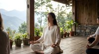 Young Asian woman practicing meditation in lotus position on wooden deck of mountain retreat center with scenic valley views and potted plants.