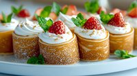 Mini pastries topped with whipped cream, fresh strawberries and mint leaves on white plate. Delicate desserts dusted with powdered sugar create elegant presentation.