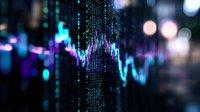 Digital financial chart with glowing blue and purple lines showing market data analysis against dark background with bokeh lights for business presentation.