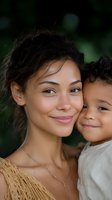 Young mixed race mother and child share tender moment outdoors, expressing genuine joy and connection against natural green background.