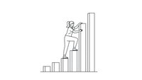 Woman climbing bar chart steps reaching for success in business growth and career advancement goals.