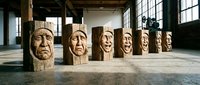 Wooden log sculptures with carved human faces showing various expressions displayed in a row inside a rustic industrial warehouse space.