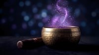 Tibetan singing bowl with wooden mallet releasing magical purple cosmic energy smoke against dark bokeh background for meditation and spiritual healing.