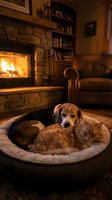 Cozy beagle dog and orange tabby cat cuddling together in pet bed by warm fireplace in rustic living room with stone hearth and wooden furniture.