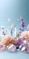 Clear quartz crystal point surrounded by amethyst clusters and soft pink dahlias on pastel blue background, creating ethereal spiritual atmosphere.
