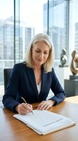 Mature woman with blonde hair, Caucasian ethnicity, wearing navy blazer, signing document at wooden desk in modern high-rise office with city skyline view, professional business setting.