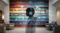 Person wearing VR headset exploring digital library with colorful books and holographic interface elements in modern interior space for education technology.