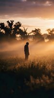 Silhouette of contemplative man standing in misty field at golden hour sunrise with dramatic sky and trees creating peaceful atmospheric landscape scene.