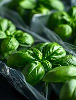 Fresh green basil leaves arranged on dark fabric, showcasing vibrant herb bundles for culinary, cooking, and food styling projects.