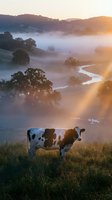 Holstein dairy cow grazing in misty valley at golden sunrise with rolling hills, fog, and winding stream creating peaceful rural farming landscape.